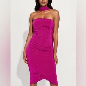 fashion nova Blythe ruched strapless midi dress NWT magenta